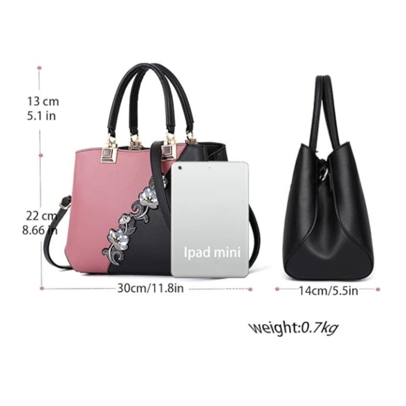 Handbag Embroidery Top Handle Satchel Fashion Shoulder Bag Tote Purse Black Pink - Picture 3 of 7